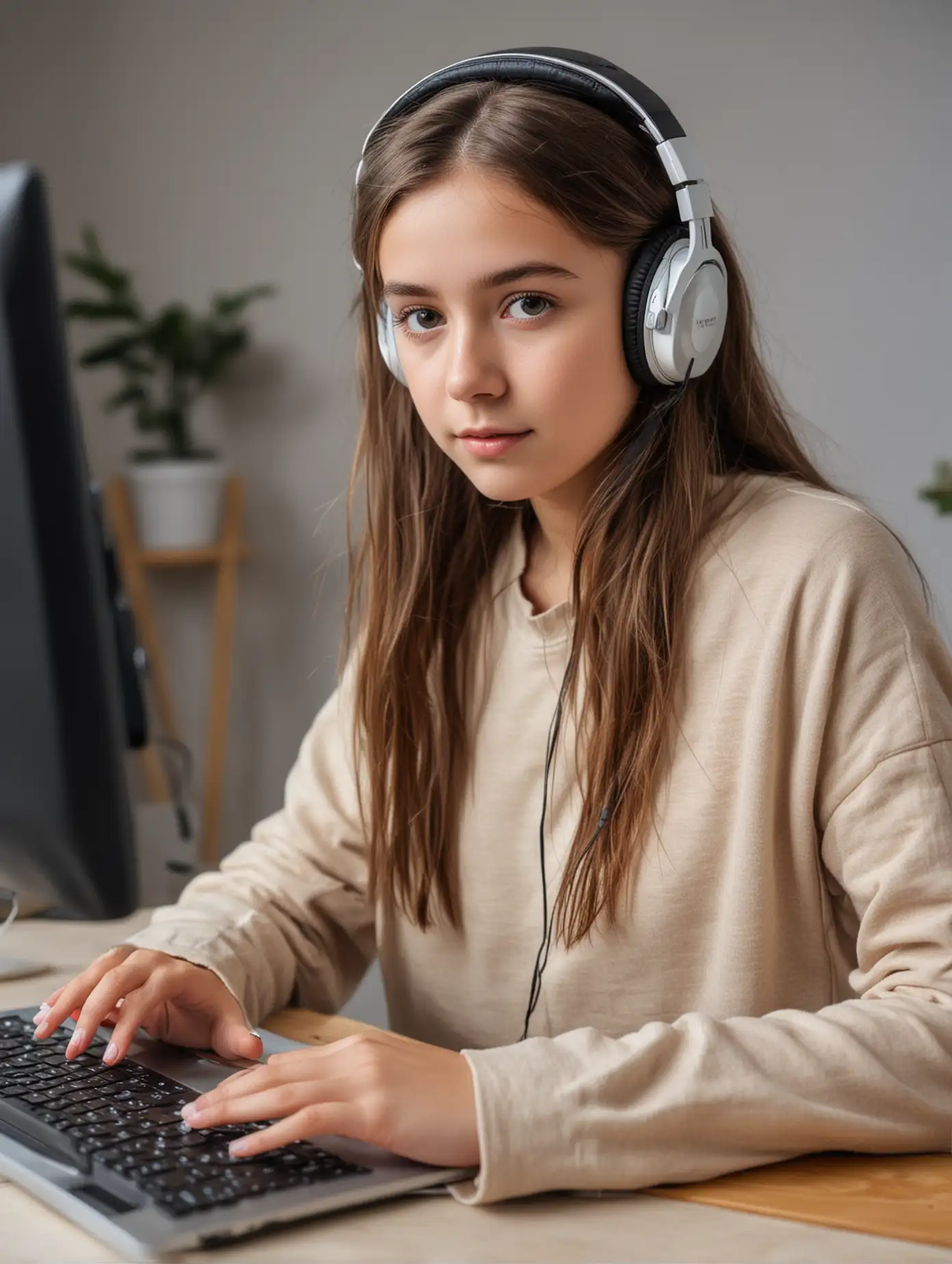 Girl-with-Headphones-Learning-Photography-on-Computer