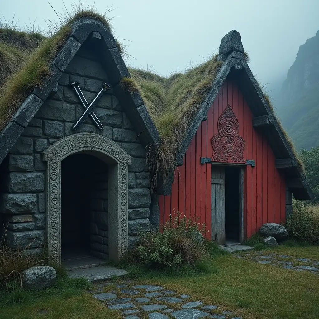 A symbolic image showing crossed iron nails above a stone doorway, of an ancient celtic house with Celtic carvings. Next to it is a Maori house painted with red ochre across an A frame Māori whare (house), with Maori carvings, and faint, unseen supernatural beings repelled by the iron. Soft torchlight and mist. Protective and ancient. The houses are side by side.