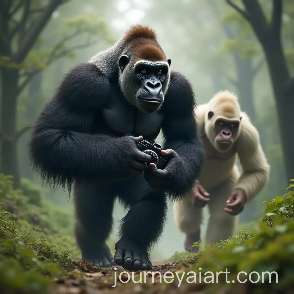 Gorilla-and-Yeti-Running-Through-Forest-Holding-Camera