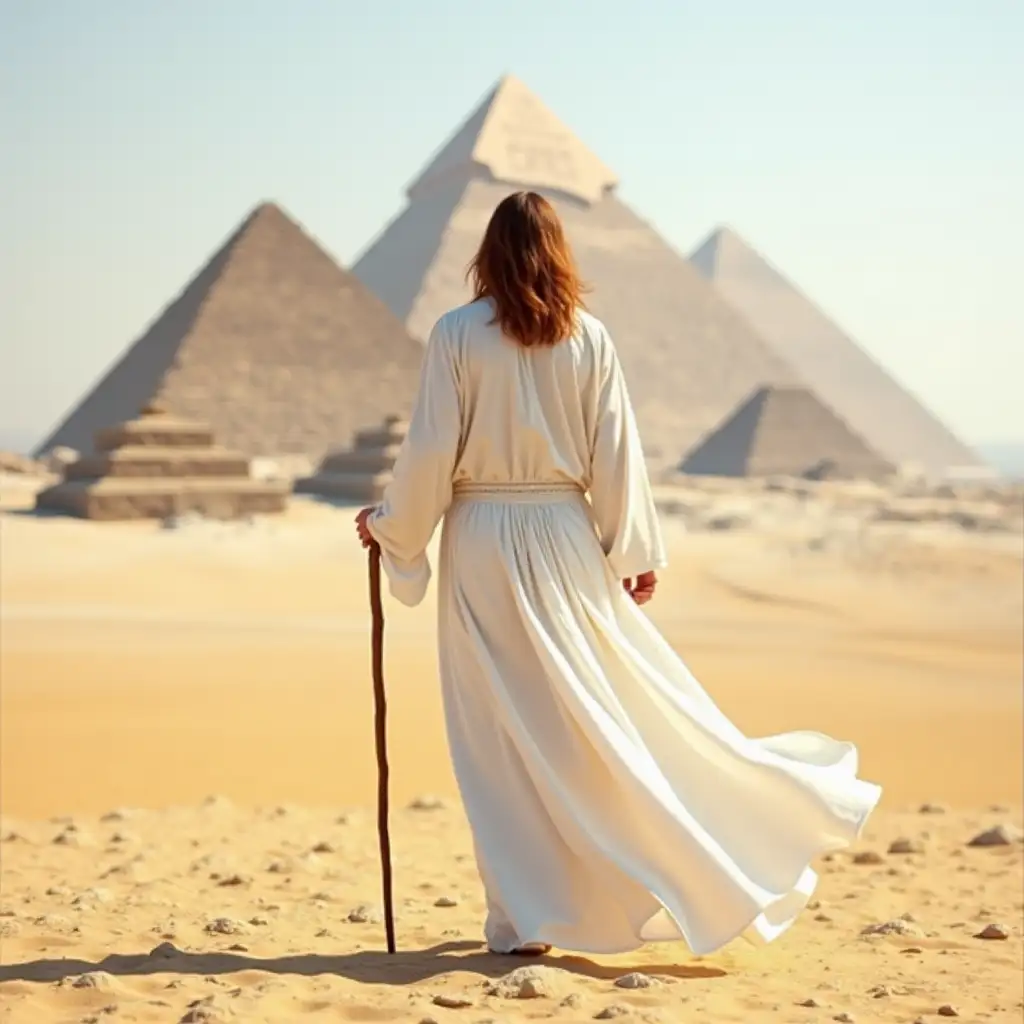 A man walking towards the Pyramids, wearing a long and beautiful white robe. He is a white-magician by nature and walks with a staff. His hair is slightly long and brown with an auburn tint. His back is to the viewer, and he is facing the Pyramids.