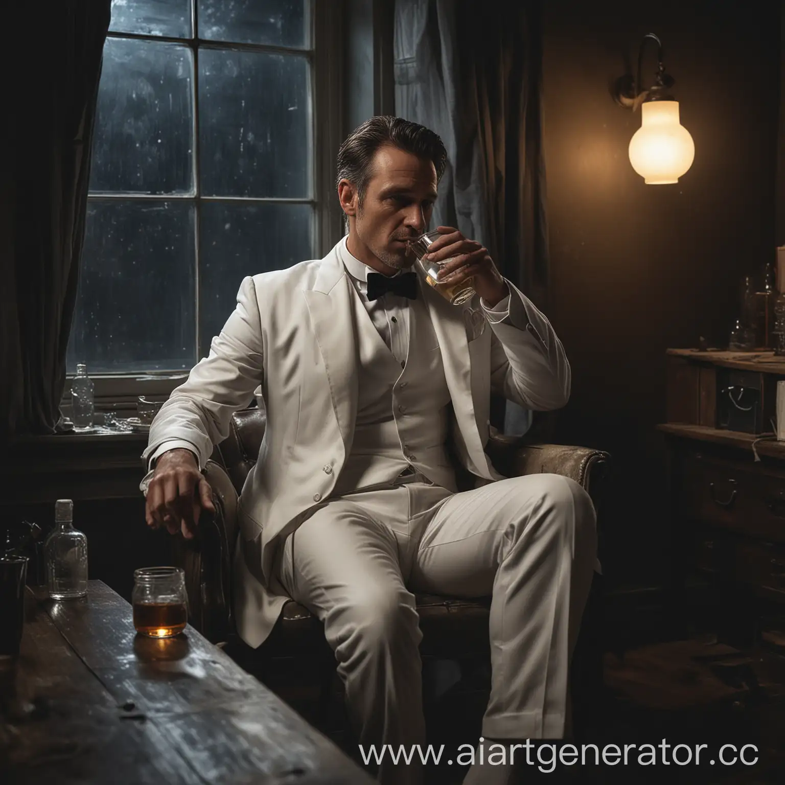 MiddleAged-Man-in-White-Tuxedo-Drinking-Moonshine-in-Dim-Office