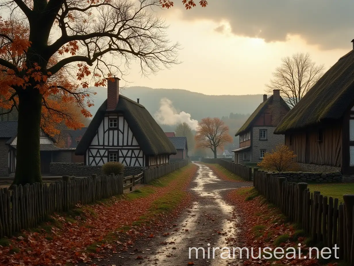 Quaint Prussian Hamlet in 1806 Autumn Landscape with Thatched Roofs and Misty Hills