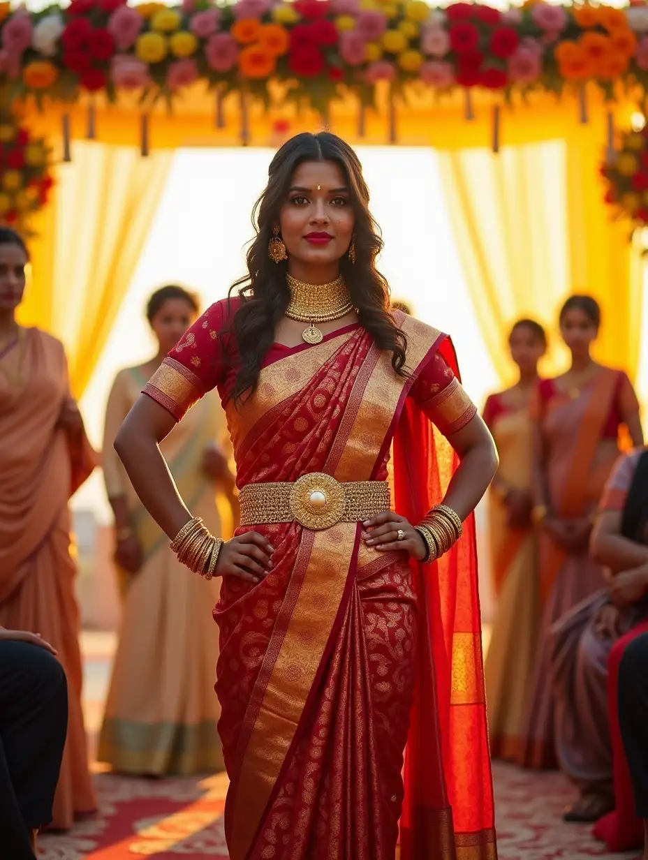 A full-body image showing her standing confidently, hands on her hips adorned with golden bangles, her saree elegantly draped. The intricate patterns of her saree and the golden belt around her waist are emphasized. The wedding ceremony setup, with its colorful flowers and glowing morning light, fills the background.