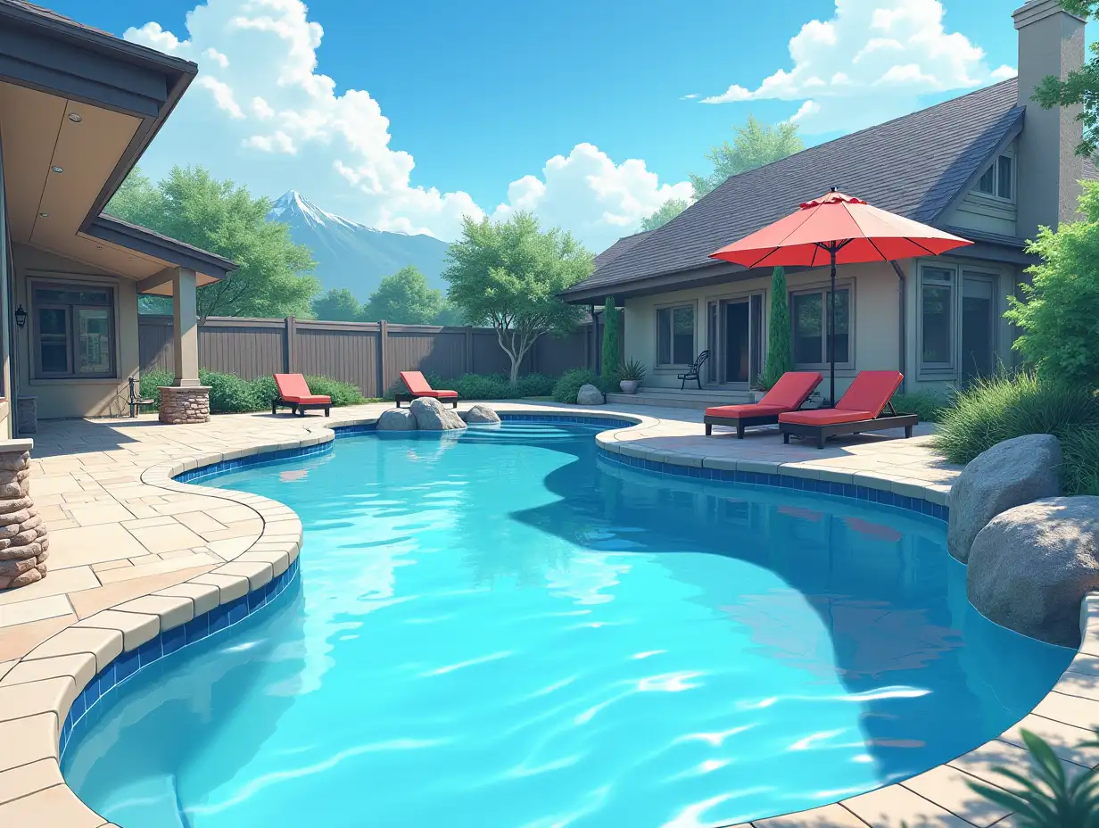 backyard with an anime-style swimming pool