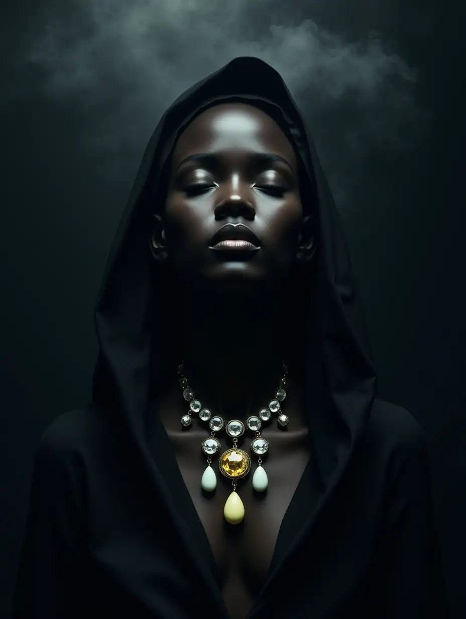 Surreal, artistic portrait photograph depicting a figure with a dark, almost black complexion, whose face is partially covered by a deep black hood shrouded in a smoky cloud. The figure's head is positioned in the center of the frame, with the hood draped over the sides, forming soft folds framing the face. The face is closed, eyes slightly covered, lips slightly open, expressing serenity and calmness. The lighting is low, creating a high contrast between the dark skin and the surrounding darkness, emphasizing the smooth texture of the skin and the contours of the face. Around the girl's neck is an intricate necklace composed of various gemstones, mostly clear and yellow, in gold and silver settings. The necklace is arranged symmetrically, with a large central round luminous stone surrounded by smaller round stones, followed by three smaller descending pendants: two drop-shaped and one pear-shaped, with the lowest pendant being a bright pale yellow-green color. The background is completely dark, shrouded in a whitish haze. The overall mood is mysterious, somber and enigmatic.