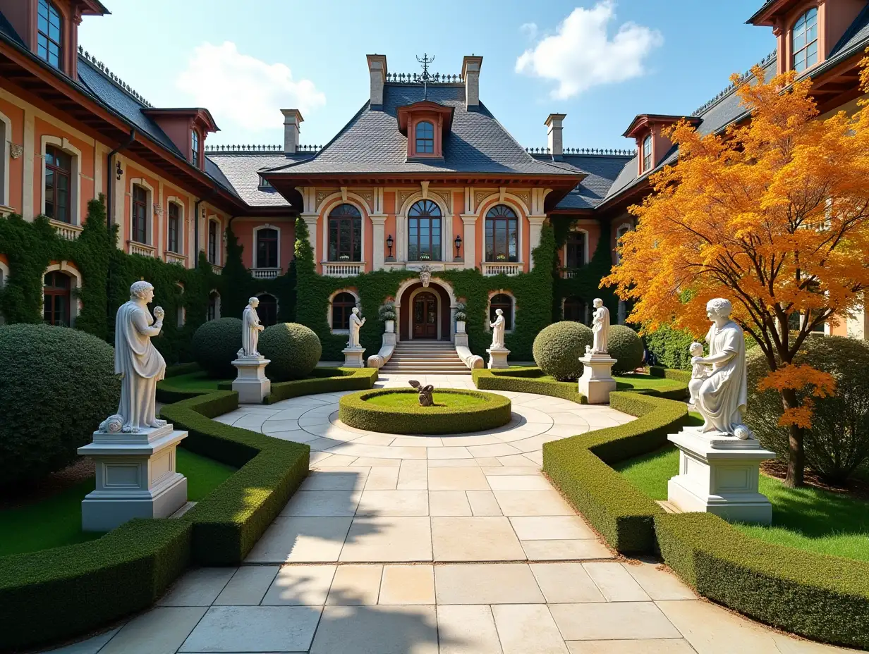 crooked Palace Garden statues Bepflanzung-mit silber with schwarzn Stucco,plant decoration, large windows with glass to, curved, smooth window shapes, winding grand entrance stairs from Marble Complex sloping roof with dike,Lanterns,bench Orange tree 4K resolution Colorful superWide-angle shots