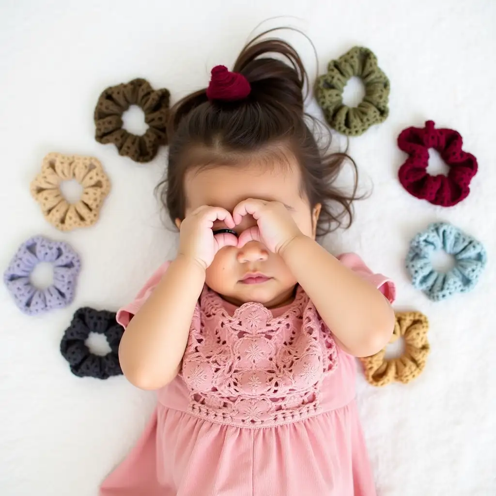 A cute baby , lying on a white surface,  is positioned with her hands partially covering her eyes. Her hair, which is styled in a ponytail with a maroon-colored crochet scrunchie , is positioned in the center of the image in the shape of a heart, encircling the various crochet scrunchies . Several different colored crochet scrunchie or scrunchies are scattered around her head and hair. The colors range from muted pastels (light blue, lavender) to richer tones (gold, maroon, olive green). The girl is wearing a pink, lace-detailed top or blouse. The lace pattern on the top is intricate and appears to be a design of interwoven patterns. The overall impression is one of a product advertisement or presentation for crochet scrunchies , likely showcasing variety and beauty.