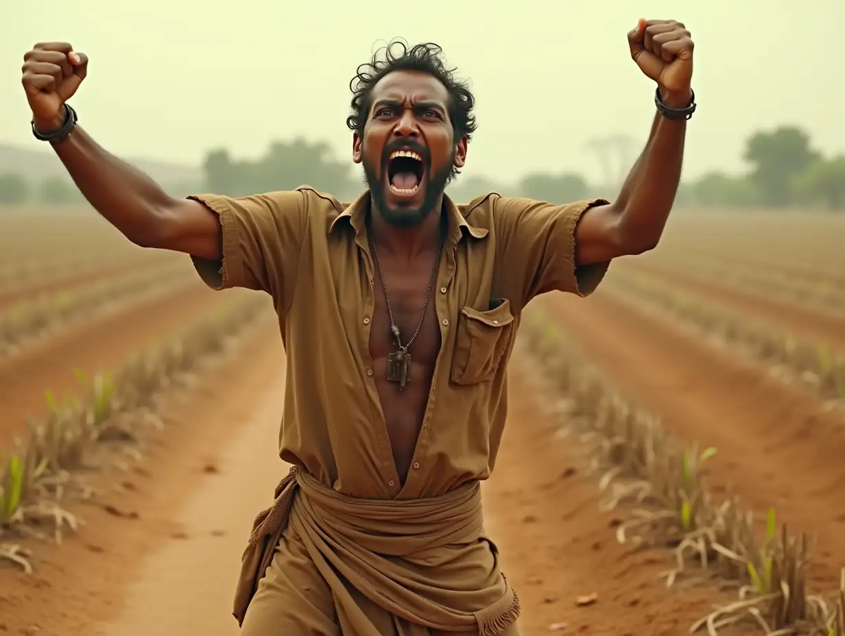 Create a realistic, cinematic scene of a dry farmer's field. In the foreground, include a rugged farmer, aged 35, who has a lean physique, tanned skin, and visible signs of hard work. His expression is one of fury and desperation, with wide eyes full of emotion. He is dressed in a simple, torn earthy-toned shirt and a dhoti, emphasizing his humble background. The farmer stands passionately, arms raised in defiance as he shouts, capturing the intensity of his emotions. The background should be a dusty field with sparse crops, reflecting the harsh and challenging conditions he faces. The atmosphere should evoke a sense of struggle and determination.