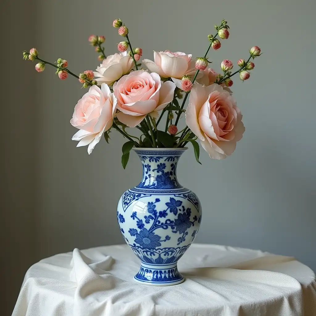 Vintage-Delfts-Blue-Vase-with-Flowers-on-Cotton-Cloth