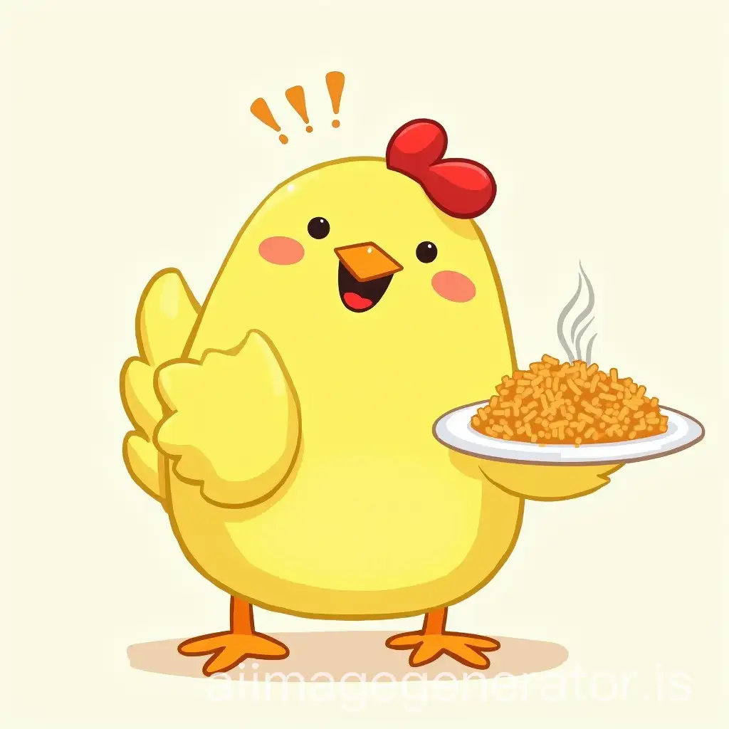 Yellow-Chicken-Holding-Fried-Rice-Plate-and-Smiling