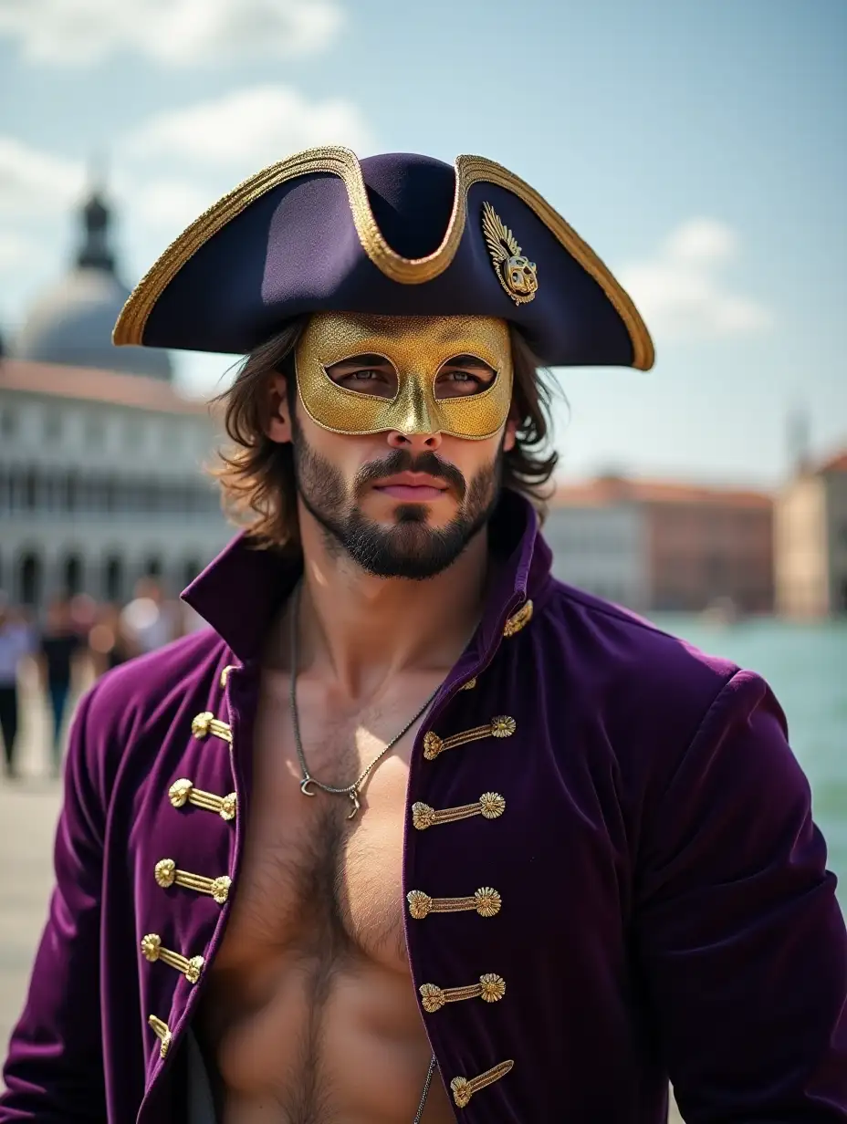 In the city of Venice, a handsome twenty-year-old tall hairy and muscular man, look like Henry Cavill, with a very hairy bare chest and a line of hair in the middle of the 6 abs, he wears a Venetian mask type casanova on his face with a shaved chin, a tricorn hat and a velvet cape on his shoulders, purple and gold are the two dominant colors of his outfit. The scene is located in St. Mark's Square, with a clear sky and clouds, natural colors, the scene with breathtaking details like a realistic photograph of high precision, high definition, very detailed.