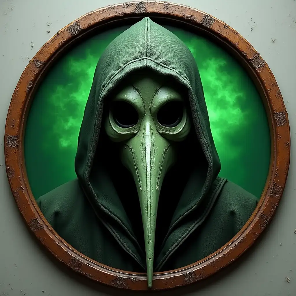 round-icon with frame with image of medieval-plague-doctor-mask and medieval-horrible-syringe on green-poisonous background