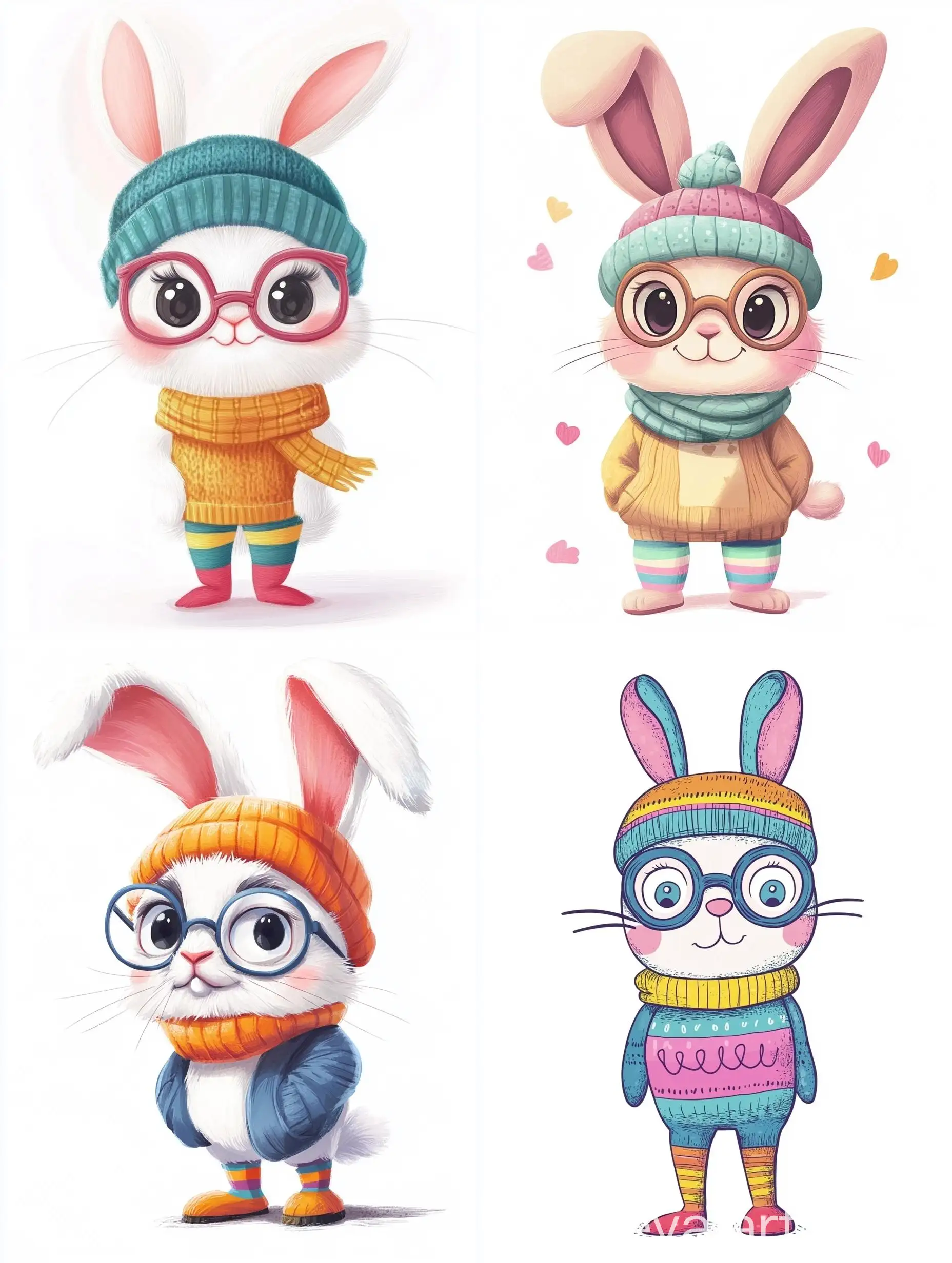Funny-Rabbit-Character-Wearing-Cute-Hats-and-Glasses-on-White-Background