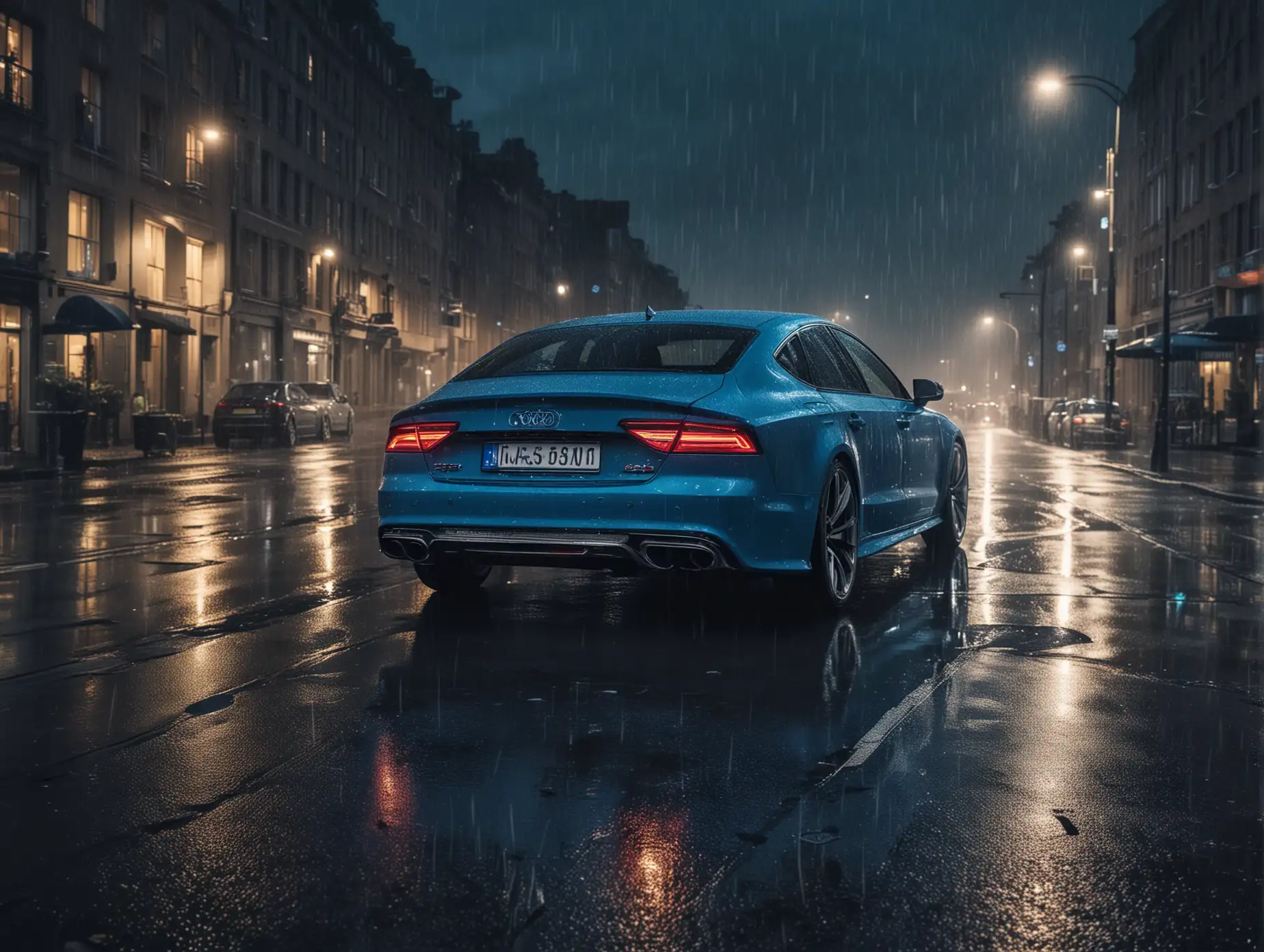 Audi-RS7-Driving-Through-City-at-Night-in-the-Rain-with-Blue-Lights