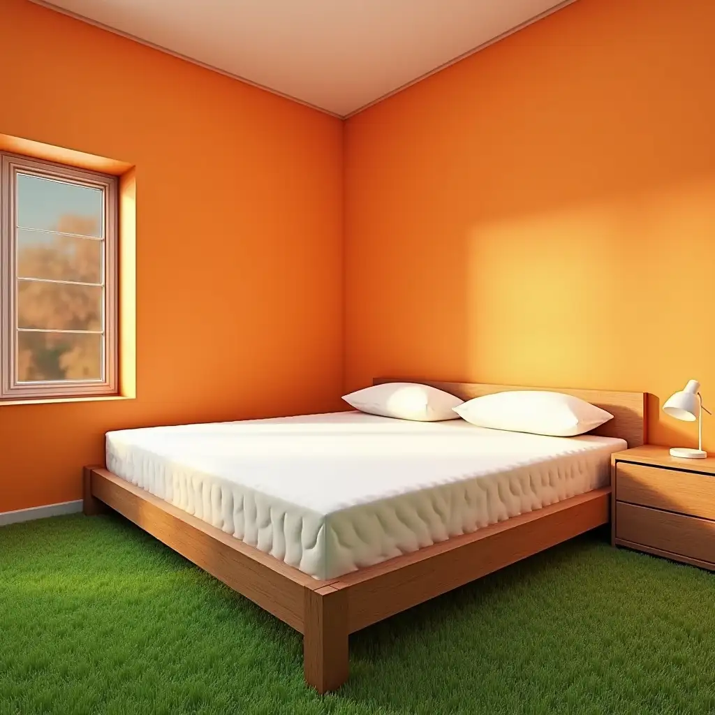 A large bedroom, with an orange and white scheme, the floor is all grass, the bed is only a foam mattress 