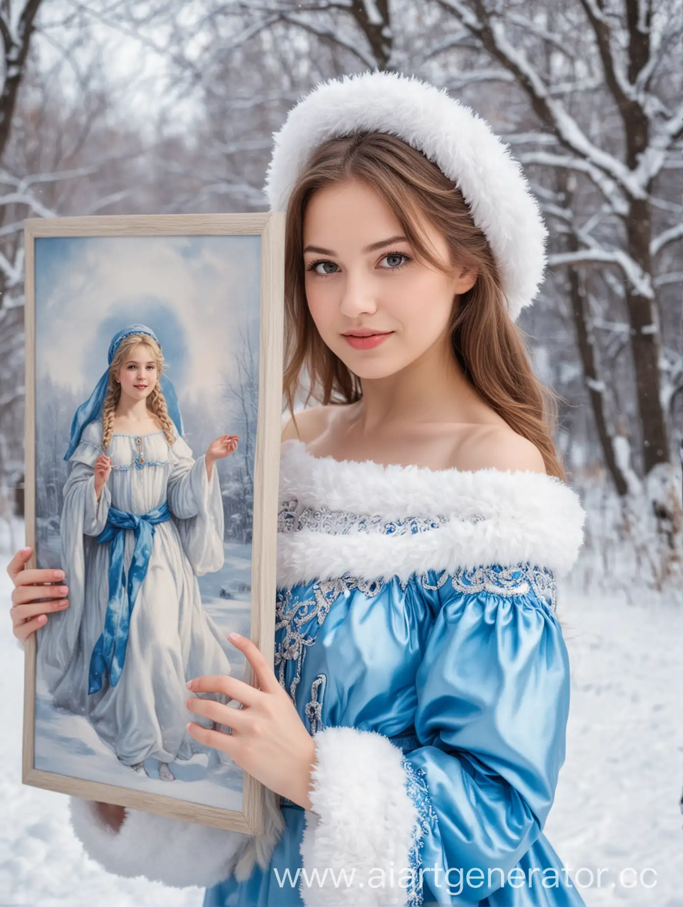 Girl-in-Snow-Maiden-Costume-Holding-Portrait-in-Winter-Park