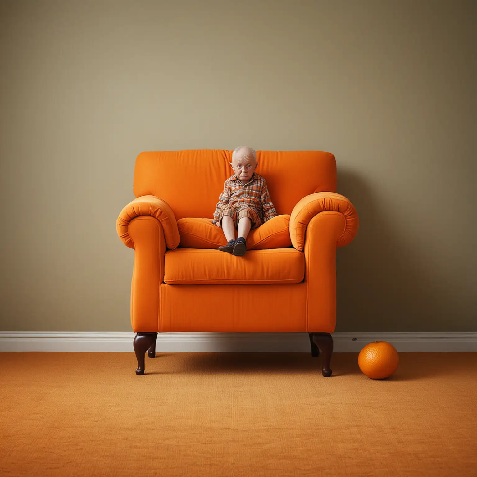 very small little old man short statured, little old man climbs on to giant orange couch in giant livingroom