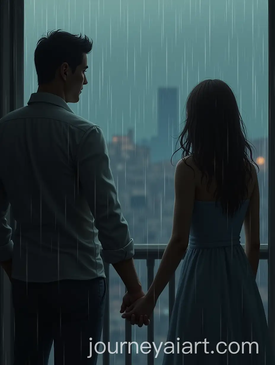Woman-Watching-from-Balcony-as-Man-Holds-Another-Womans-Hand-in-the-Rain