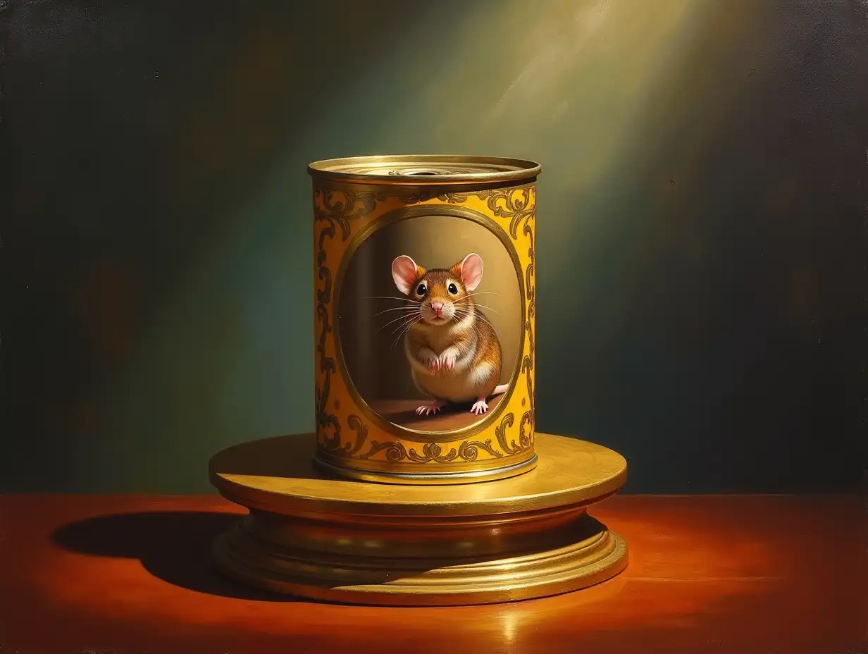 A sealed metal can of pate on a luxurious pedestal. The image of a chubby mouse is visible on the can. A ray of light falls on the can, with light reflections on it. A painting in oil.