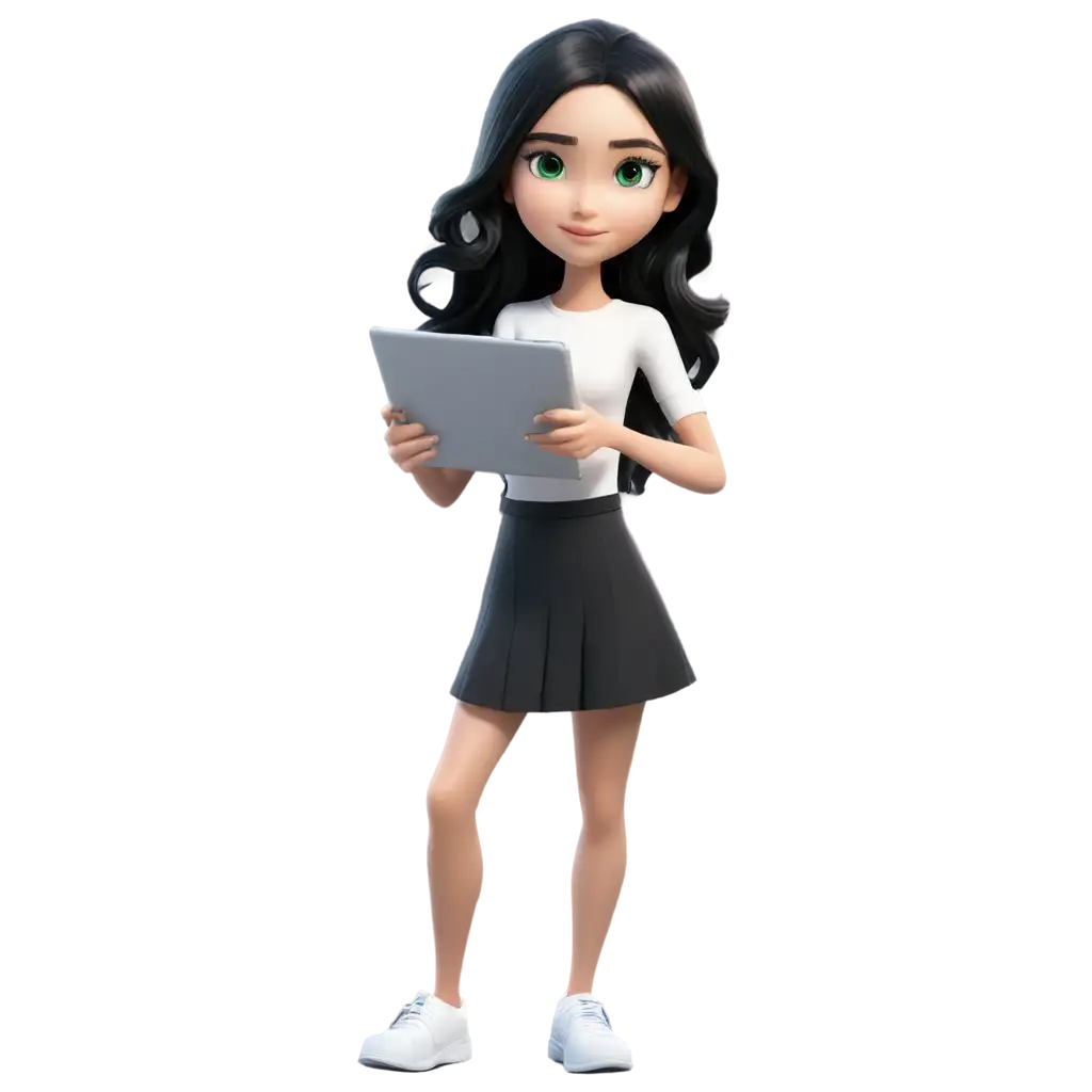 Animated-Girl-with-Green-Eyes-and-Black-Hair-Holding-a-Tablet-PNG-Image-for-Creative-Projects