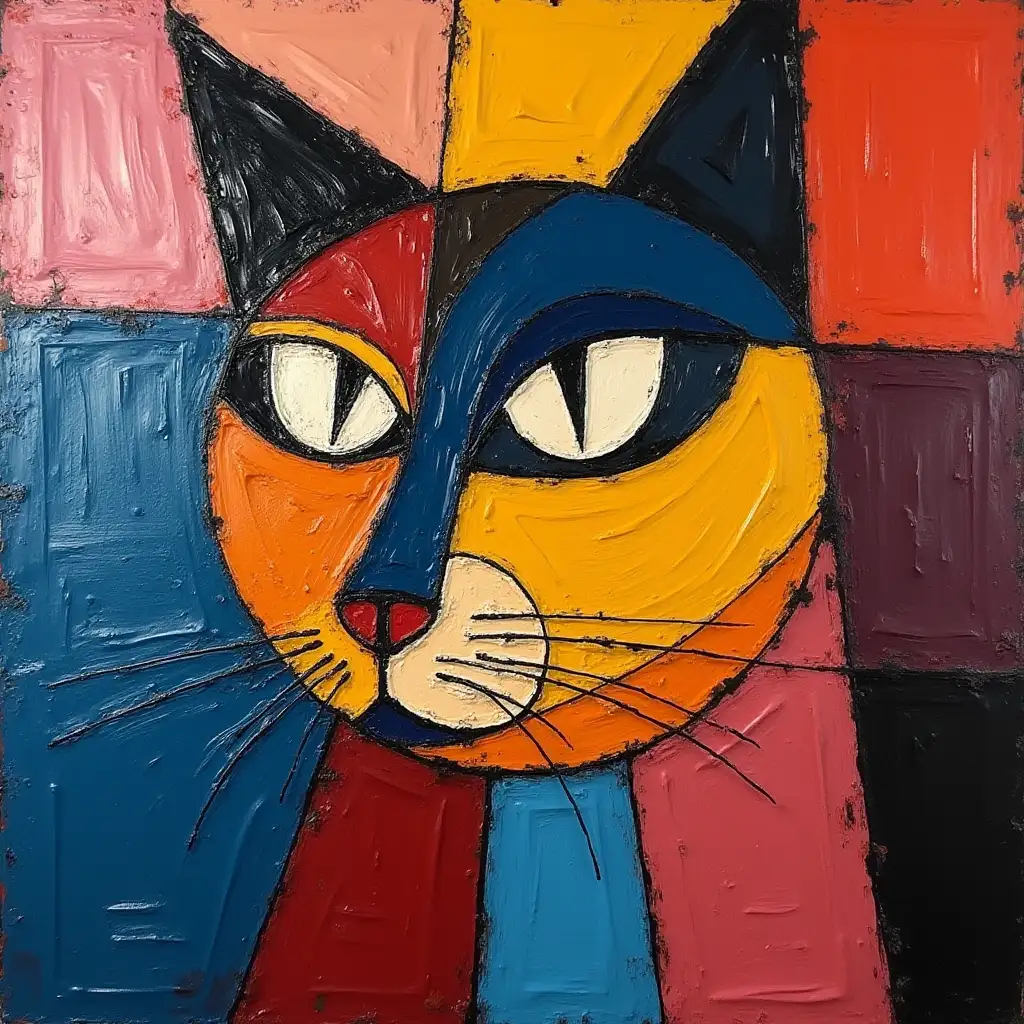 Picture in a grid of a cat's face in the style of Kandinsky, Malevich, minimalism, simplify for a beginner artist with acrylic many colors, constructivism abstractionism, darkened