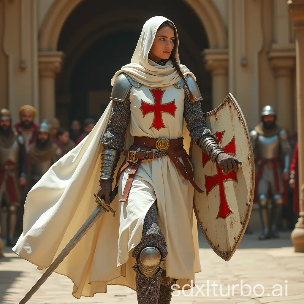 A beautiful German female knight-brunette from the order of Templars, wearing a long white cloak, chainmail boots, chainmail gloves, coif, helmet, holding a sword in her right hand, a triangular, knightly shield in her left hand, the female knight is striding through a palace of an Arabian sultan. A red cross embroidered with golden threads on the chest of the female knight.