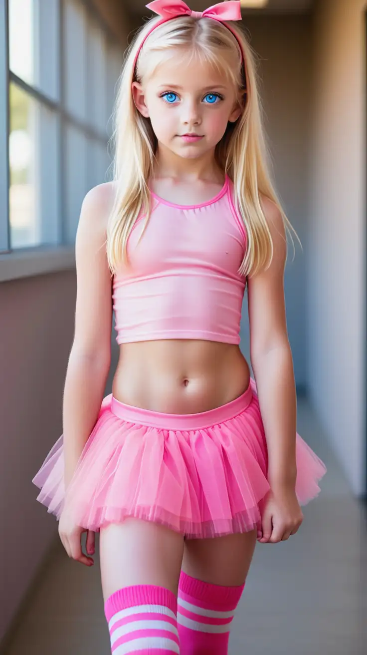 blond preteen girl with blue eyes in pink short tulle skirt full body with pink knee high socks and with pink bikini top