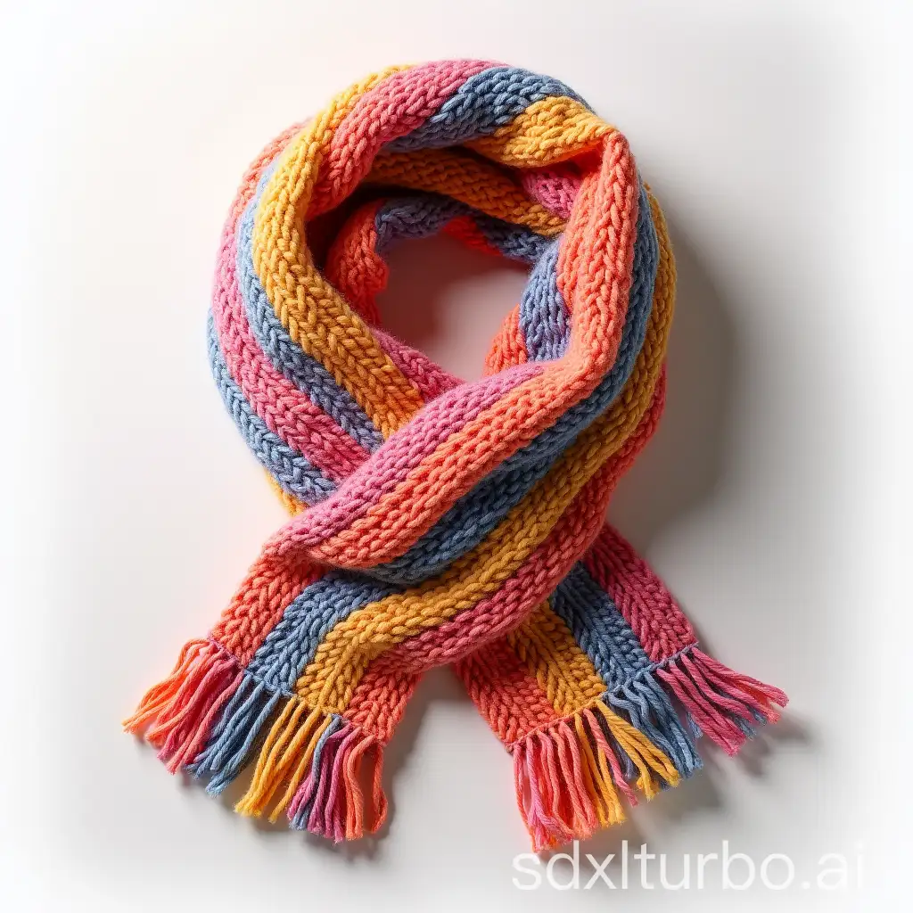 Top-down view of a vibrant, multi-colored knitted striped scarf, elegantly draped on a light background, highlighting the intricate stitching and colors, evoking warmth and creativity in a serene, artistic setting.