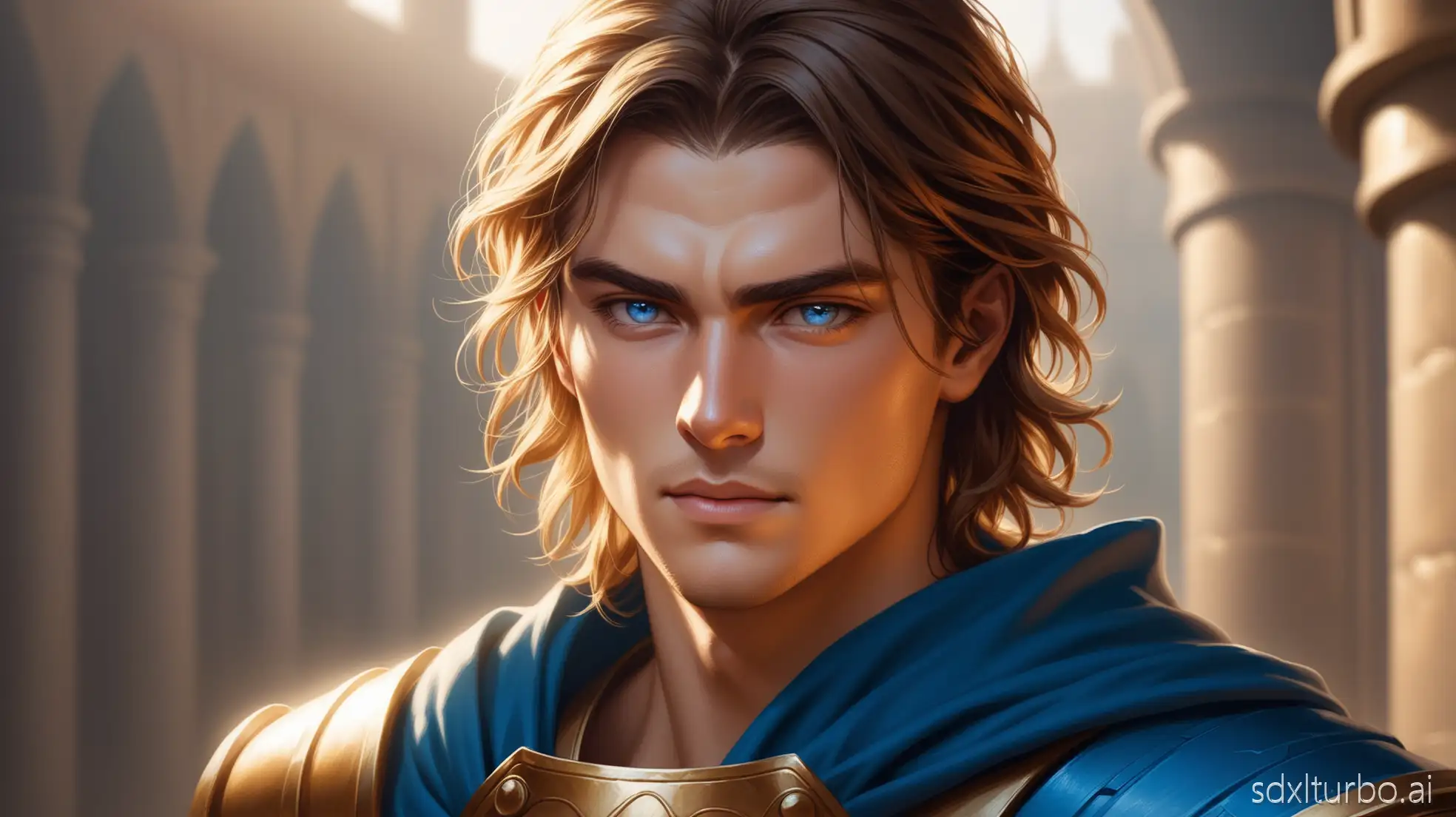 a young male warrior with sharp blue eyes and slightly wavy shoulder-length brown-blond hair, wearing ancient Macedonian armor made of bronze and leather with a royal blue cloak, confident and noble expression, clean face, athletic build, cinematic lighting, golden sunlight tone, realistic details, 8K, consistent character identity, same face structure, same hairstyle, same armor color, photorealistic epic historical portrait style