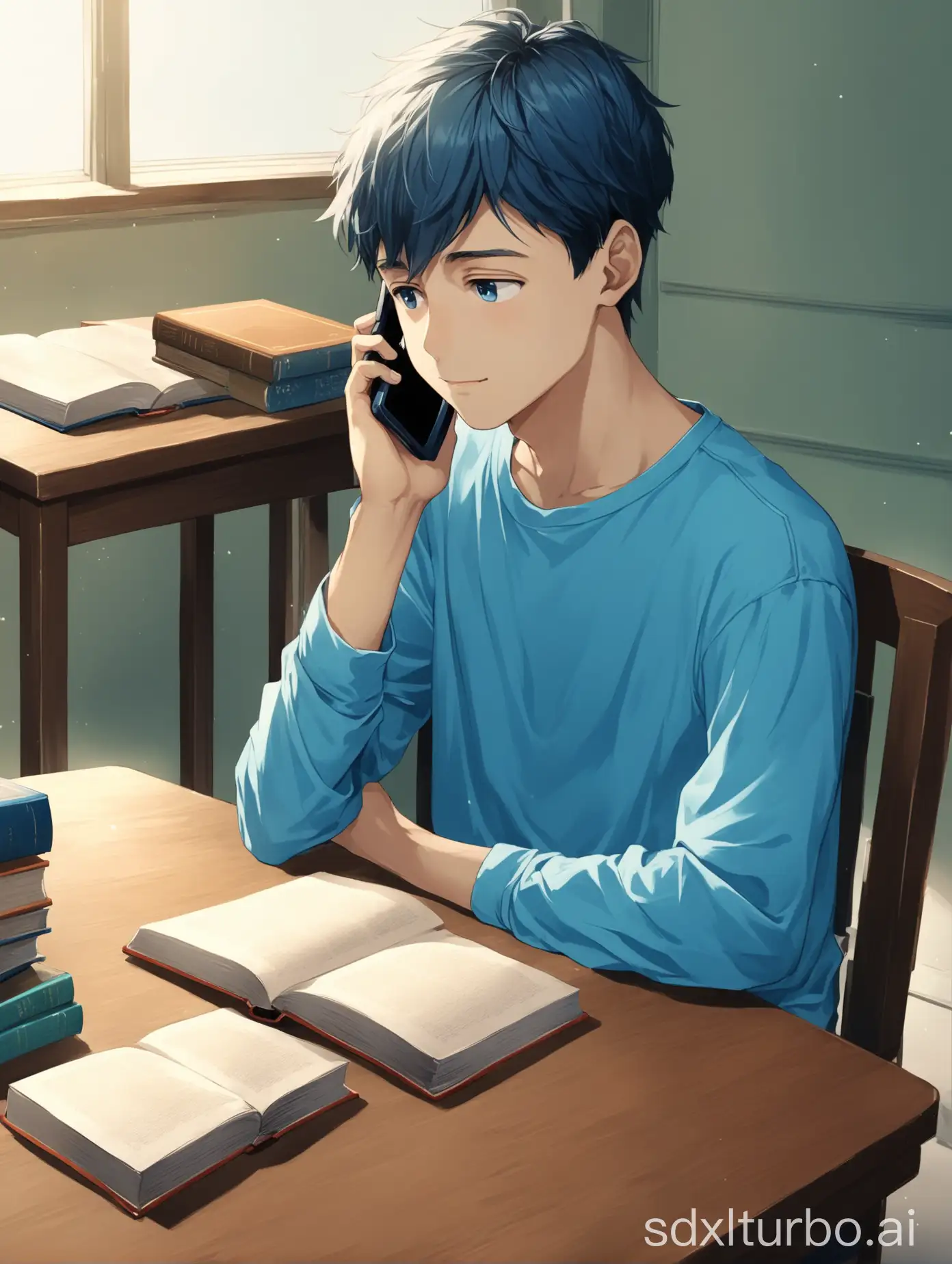 Young-Man-Talking-on-Mobile-Phone-with-Books-on-Table