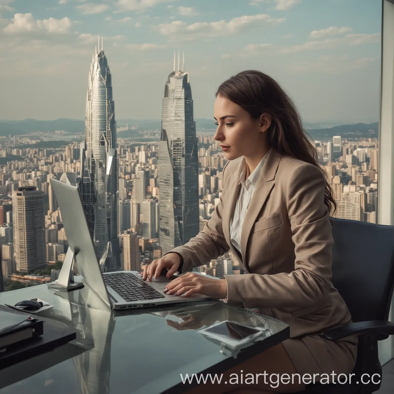 Successful-Businesswoman-Working-on-Computer-in-Urban-Megalopolis