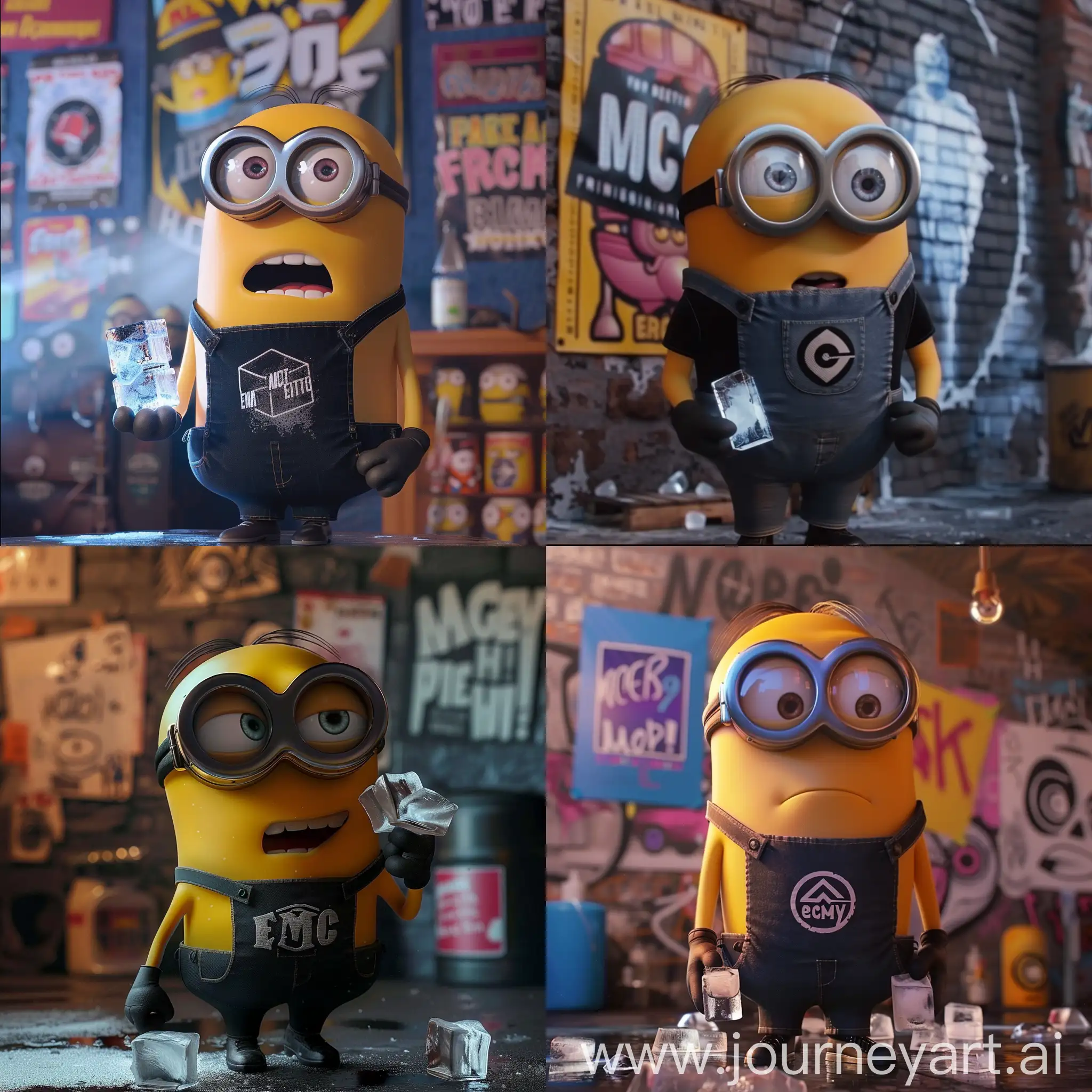 Minion-Holding-Ice-Cubes-with-Emo-Posters-in-Background