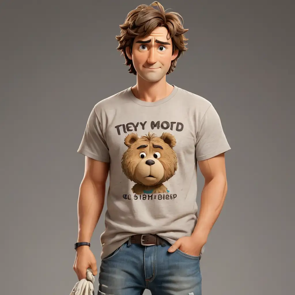 Ted is a tall, lanky guy with a mop of messy brown hair that always looks like he just rolled out of bed. He's wearing a casual, slightly wrinkled T-shirt with a funny slogan, jeans, and sneakers