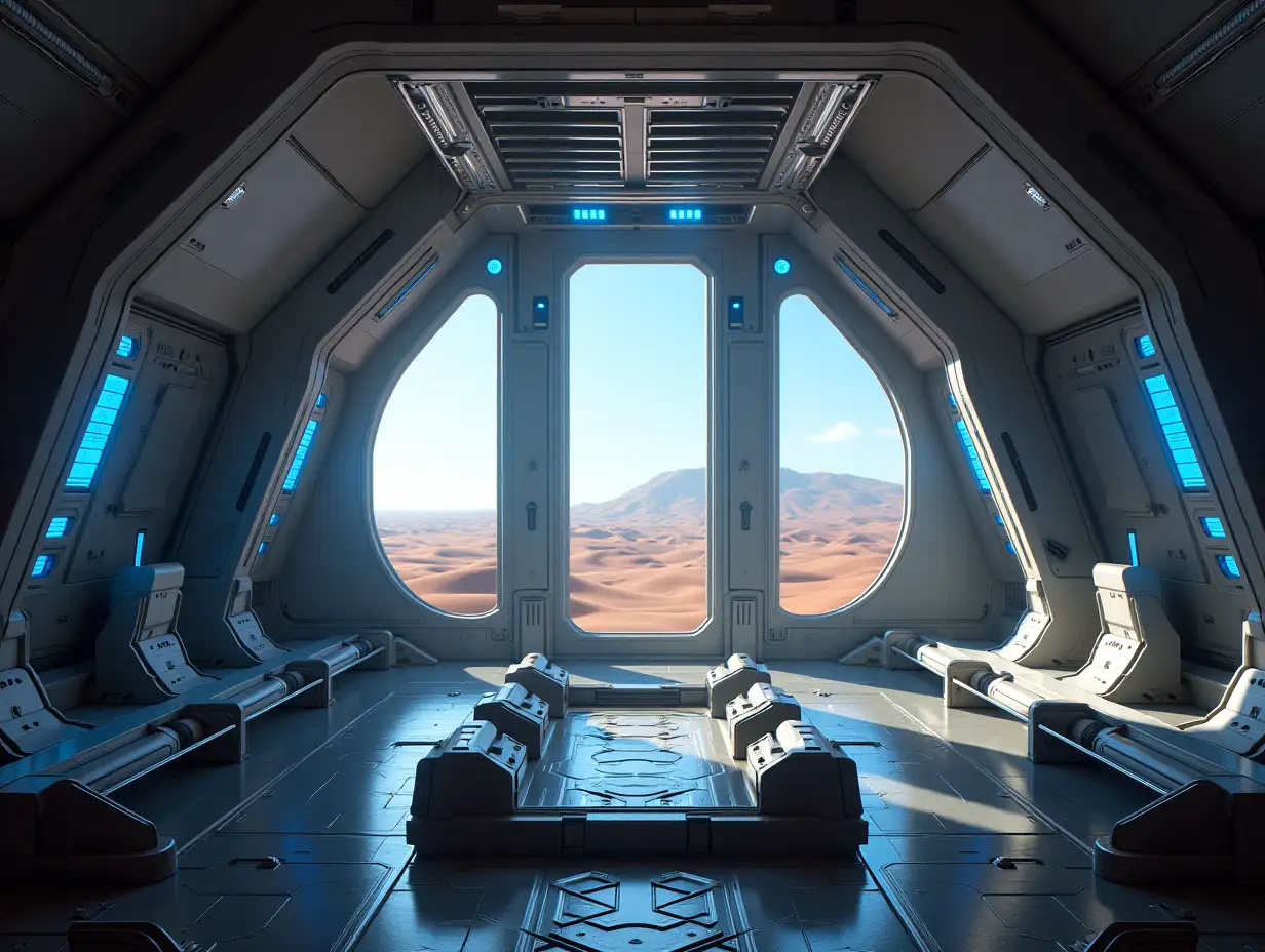 KI create a very large spaceship interior, with jet drive, with blue lasers aside and above, a command center, many bright white windows in the desert