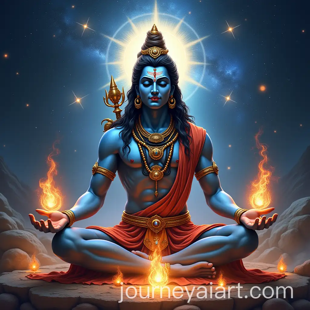 Lord-Shiva-Meditating-with-Durga-Ganesh-and-Kartik-in-a-Cosmic-Aura-with-Sacred-Symbols