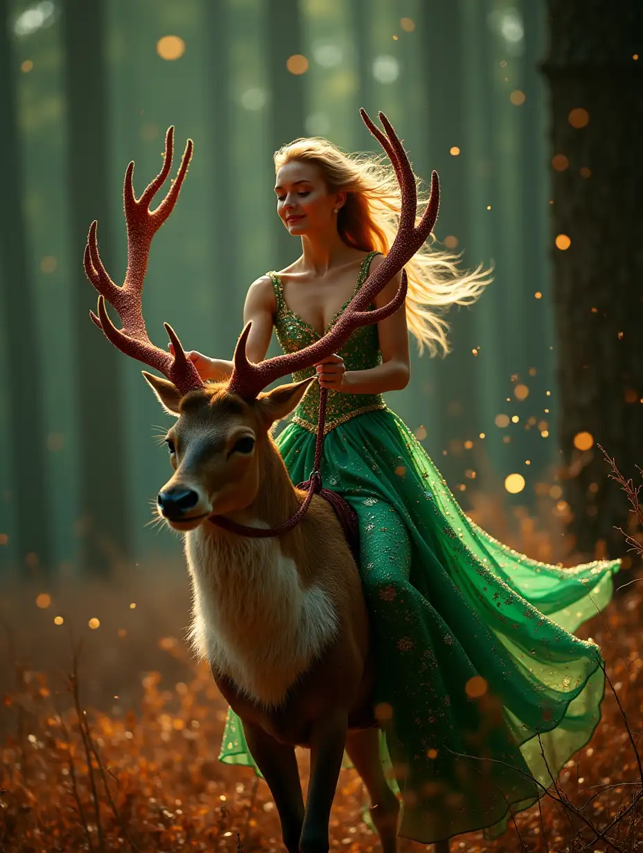 Star dust, golden glitter, blurred forest background in Christmas decorations, wild plants, excellent rendering, wind, mother-of-pearl threads and lines, hyper-detail, beautiful woman riding a deer in a green and red shiny dress, close-up, iridescent texture, neon green backlight, dynamic pose.