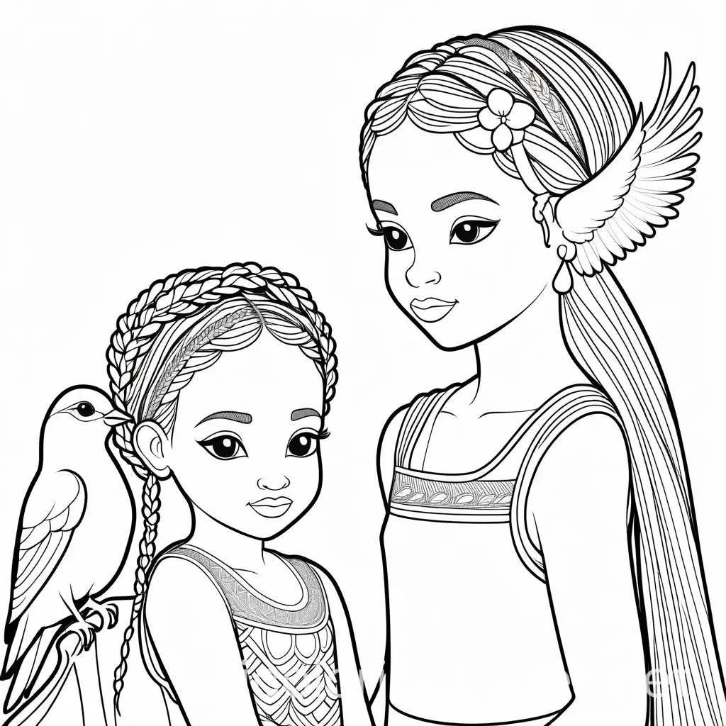 Duo-of-Little-Black-Girls-with-Braids-and-a-Lovely-Bird-Coloring-Page