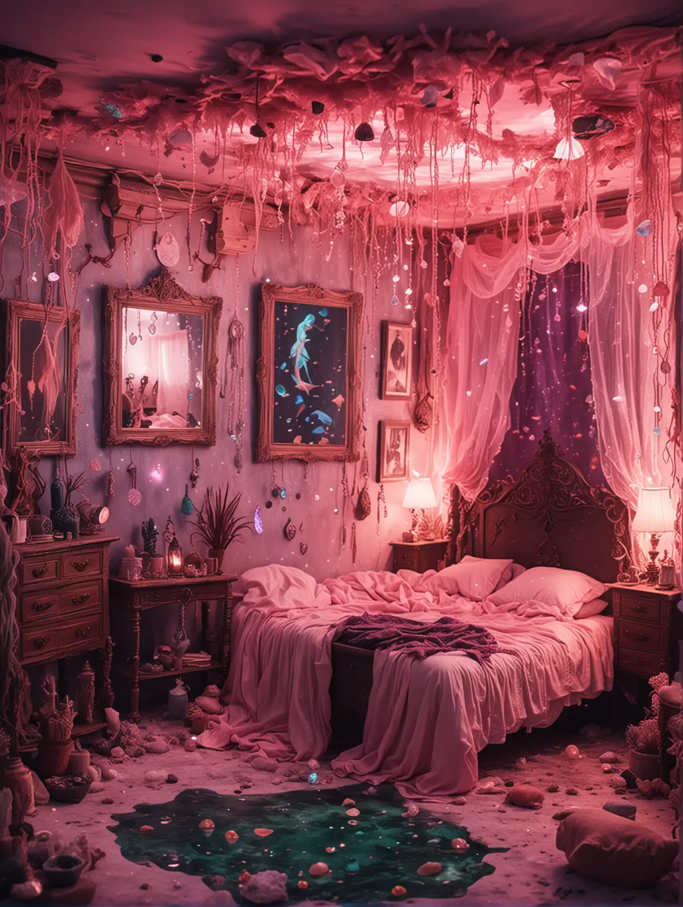 Mermaid-witch underwater in a bedroom, with bright lights algae and quartz crystals. Slightly pink colors. Aesthetic. Realistic. Instagram post 3:4