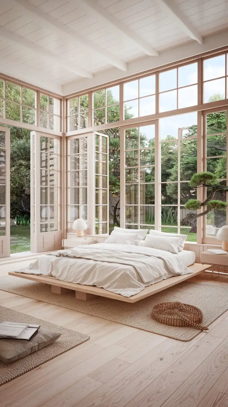 Wide shot, stunning Japandi bedroom, bright and airy, morning light, wide open windows overlooking lush green garden, king-size bed with white linen bedding, light wood platform bed frame, minimalist bedside tables with ceramic lamps, light oak wood floor, woven rug, bonsai tree on windowsill, joyful and serene atmosphere, photorealistic, 8k --ar 16:9 --zoom 1.5