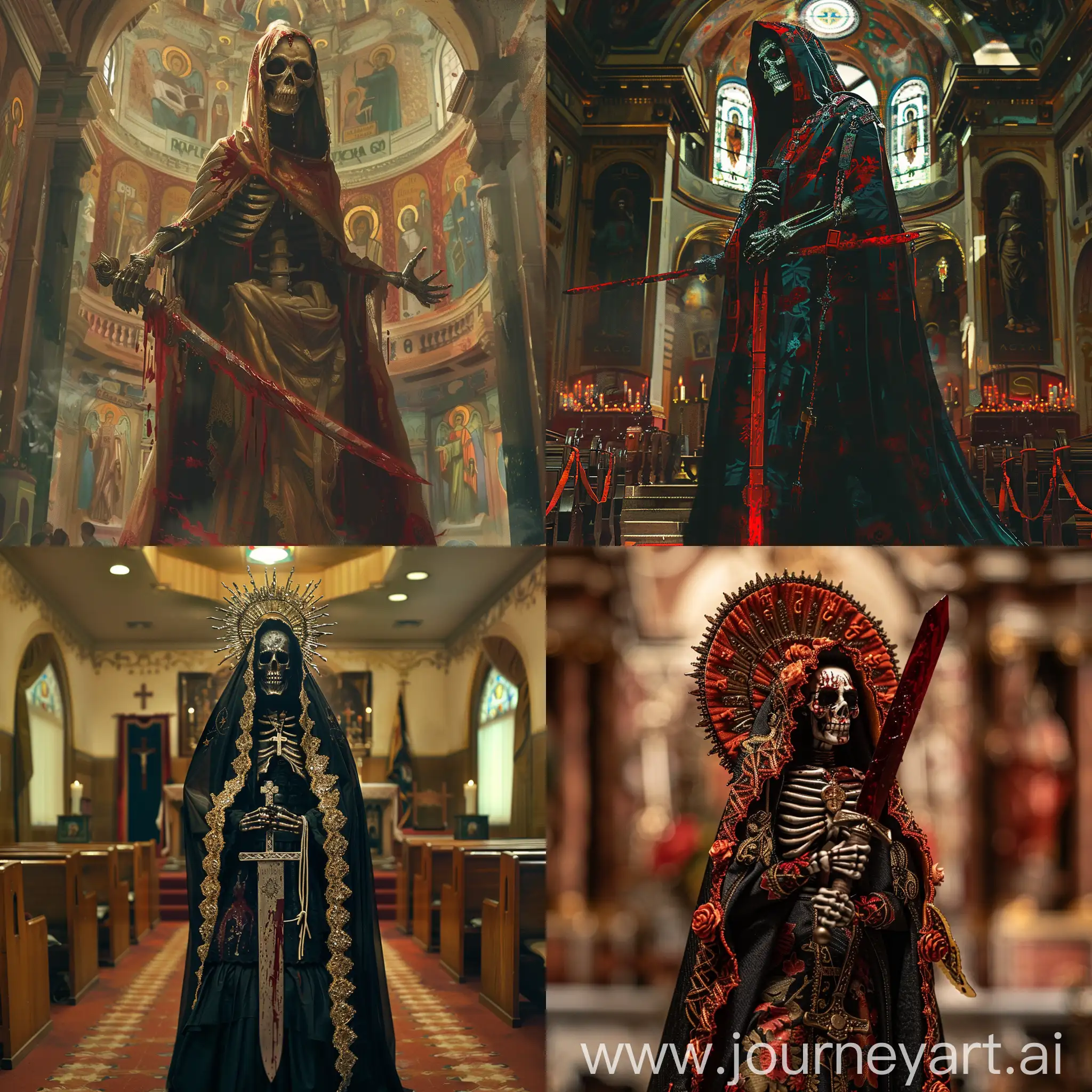 Santa-Muerte-Standing-with-Bloody-Dagger-in-Church