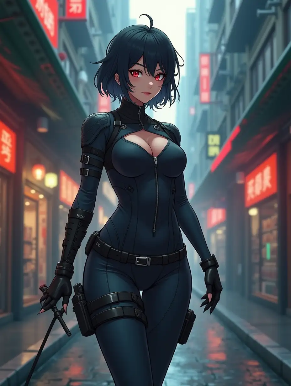 Short hair, mature Asian woman thief cyber runner in a dynamic full-length pose, eyes with red electronic pupils, large breast, extreme skintight body glove zipped down with cleavage, combat boots and combat belt. Full view of her body from boots up, low wide angle. Future store filled city alley street. Anime