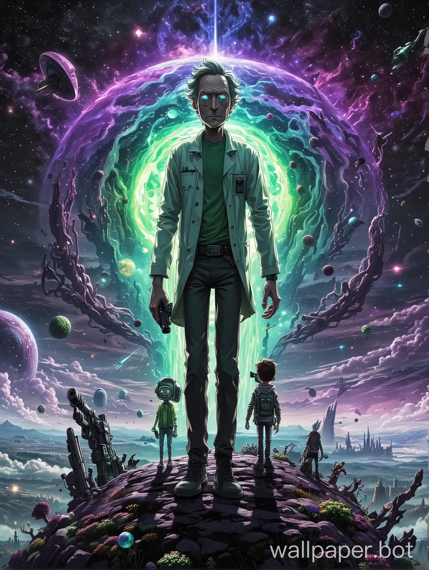 rick and morty ( 2 people) in space standing on a very small planet, and  they see galaxy's arms and stars far in front of them, rick holding his portal gun which is in green colors,  and close to them is green portal, and all this image in dark tones of black, grey and purple, and all this in realistic and fantasy style, hd, high quality, high quality body and face, high quality limbs, 8k, 4k, sfw image