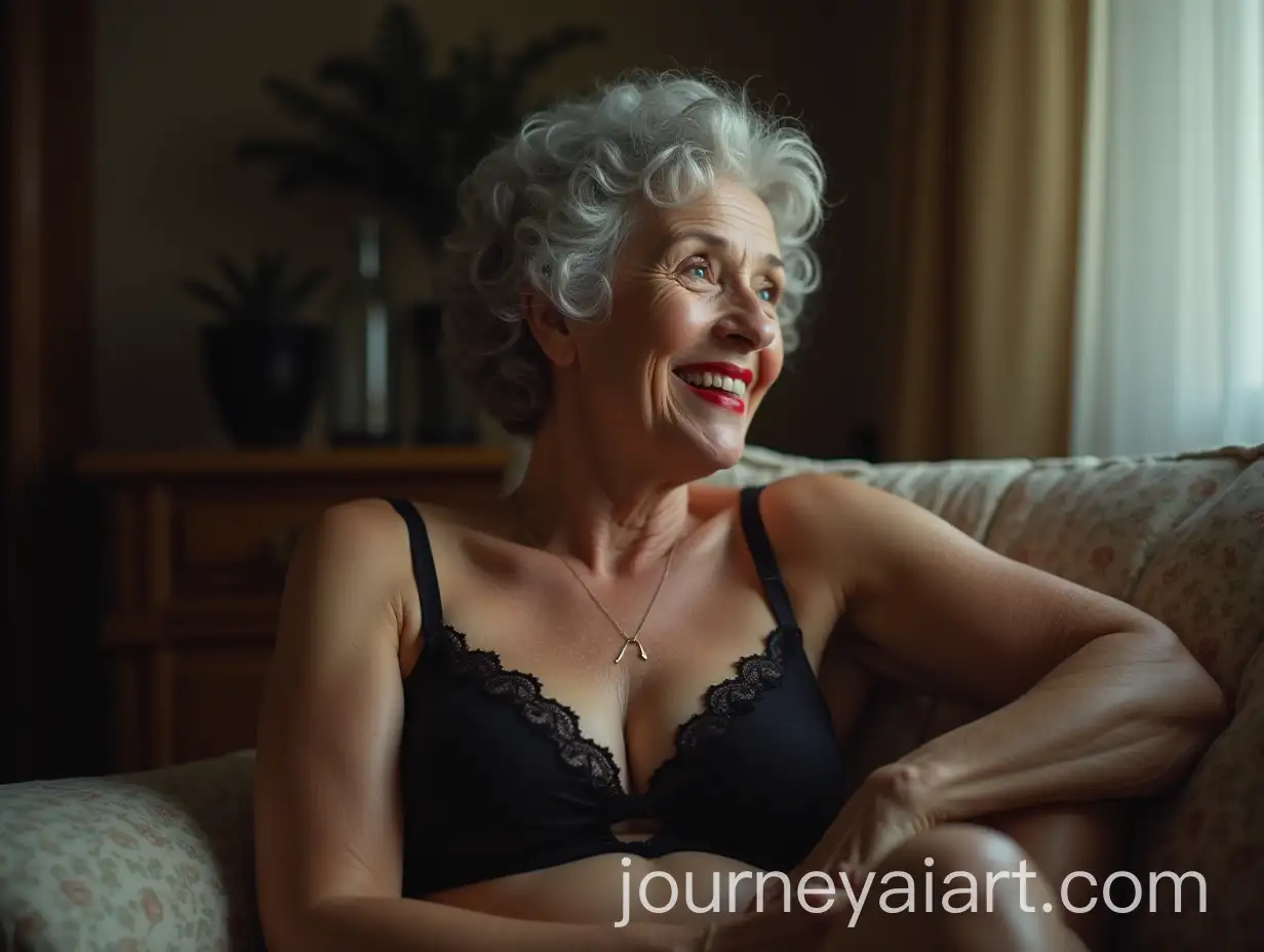 Elegant-70YearOld-Woman-in-Black-Lacy-Underwear-Smiling-on-Sofa