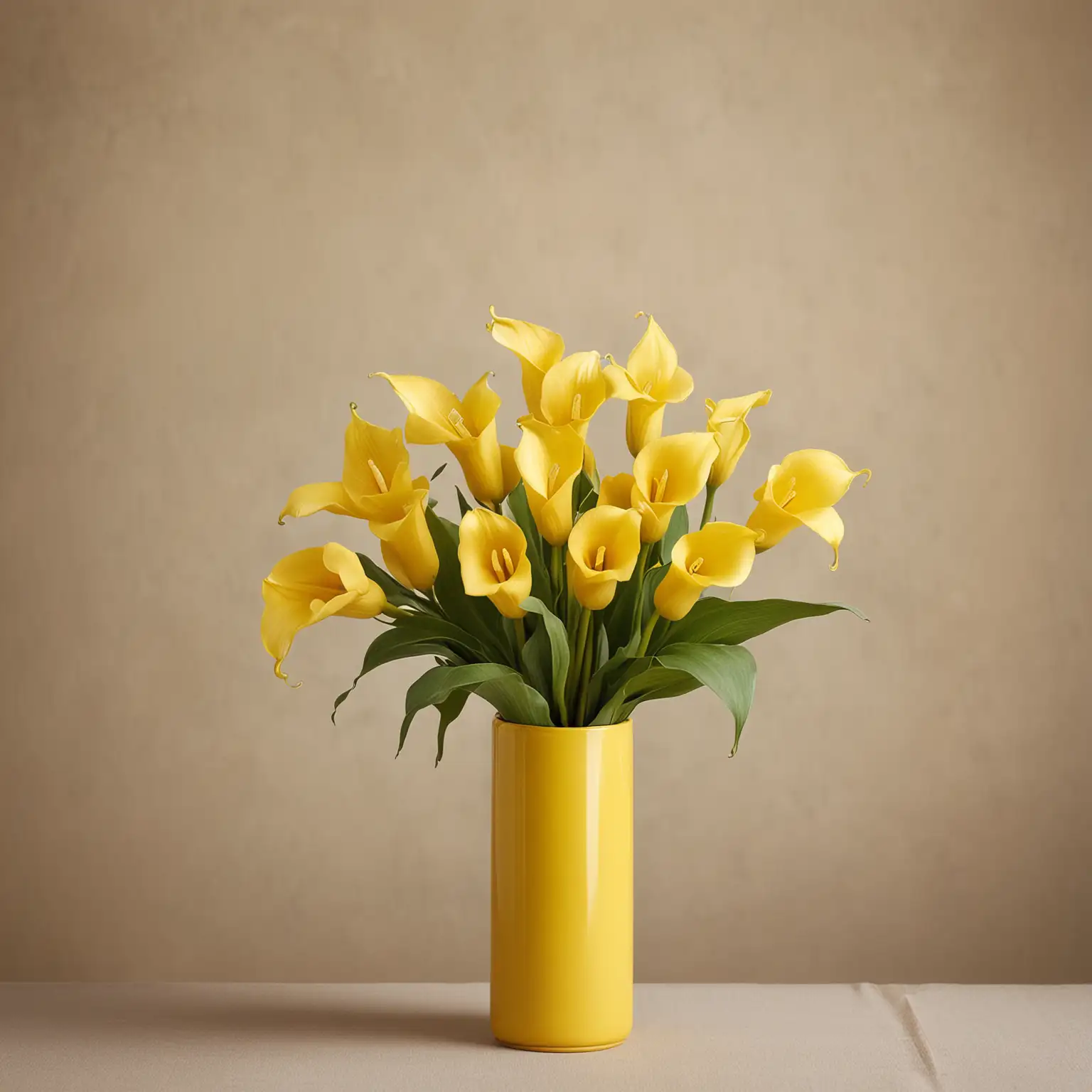 small bouquet of yellow calla lilies in tall yellow cylinder vase; keep background neutral