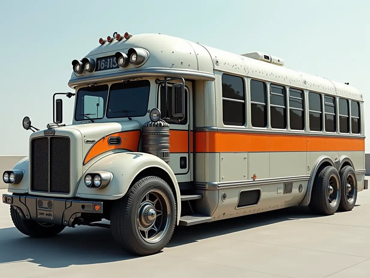 Supermodern utopian armed Sport Bus with orange stripes on the side with gears, lowered body, 18-inch rims, aluminum wheels, cream silver black Cyberpunk.