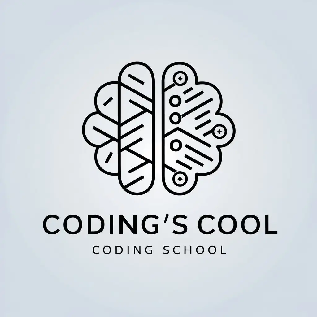 a vector logo design,with the text "Coding’s Cool coding school", main symbol:Brain made of code and electronics Brain symmetrical,Minimalistic,be used in Technology industry,clear background