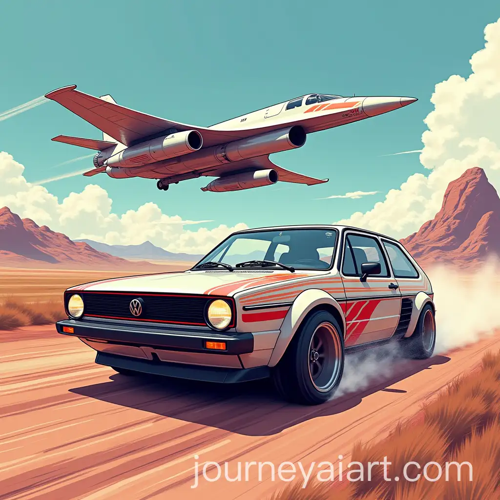 Futuristic-Race-Between-Super-Volkswagen-Golf-GTI-Rally-Car-and-Concorde-Airplane-in-Otherworldly-Landscape