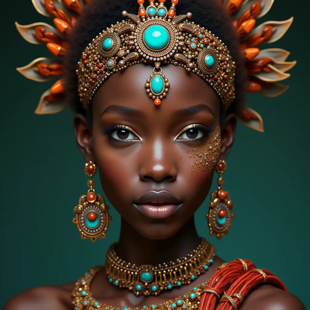 A hyperrealistic portrait of a beautiful pygmy woman, wearing intricately detailed, colorful and futuristic jewelry.