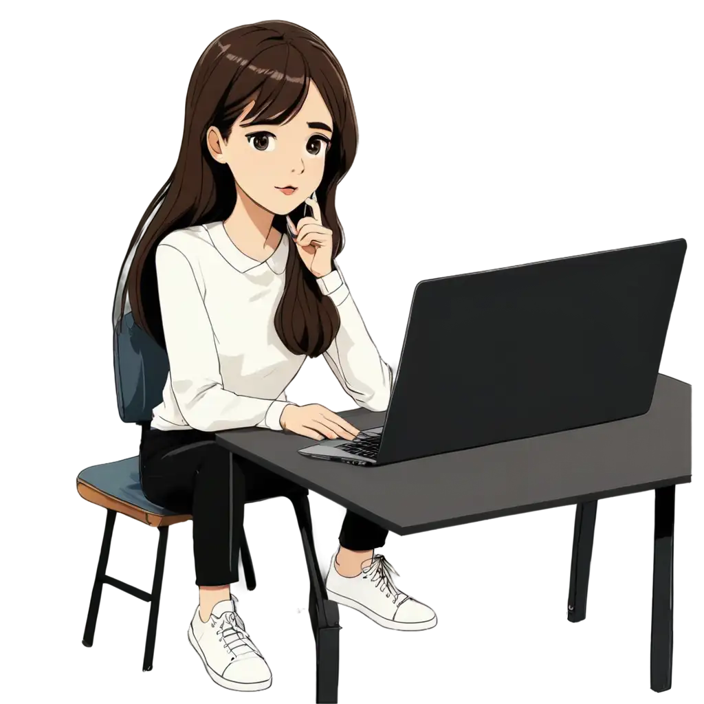 PNG-Image-of-a-Female-Student-Conversing-at-a-Desk-with-Laptop-in-Webtoon-Style