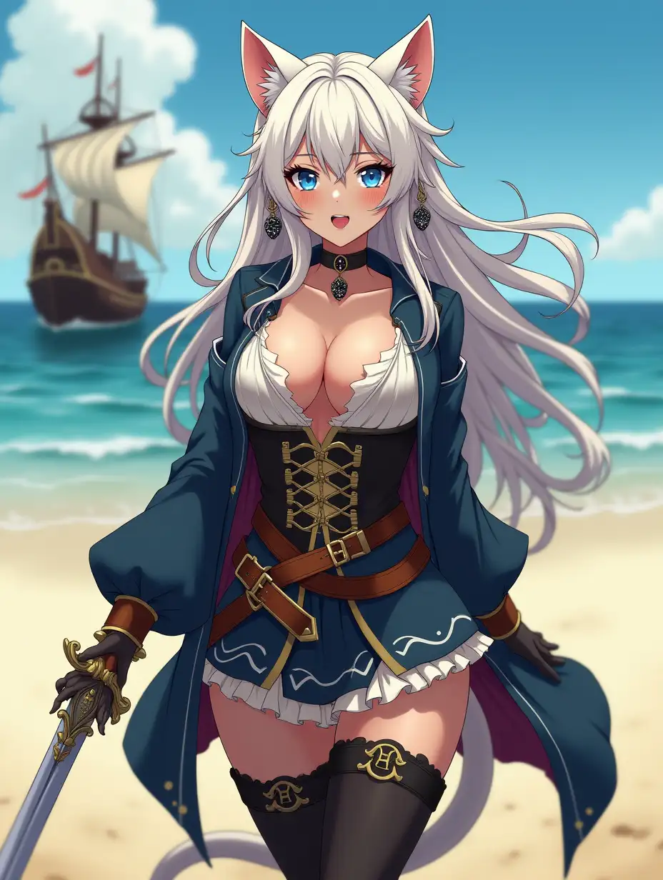 A mature adult feline/woman dressed as a pirate with a sword on a beach.  A pirate ship in the background. Her 30-something years are disguised by her youthful facial features, except for her subtle wrinkles around the eyes, extremely slender body. Her ample bosom strains against her clothing, threatening to burst free from the fabric, extreme cleavage.  Wearing black thigh high pirate boots. She has piercing blue cat eyes. A choker adorns her neck, a subtle hint at her feline nature. Her long, white hair cascades down her back like a wild waterfall, tangled and disheveled. Her cat-like teeth glint in the light, as her white fur-lined ears punctuate her visage with sparkling black and gold earring adorns each ear, adding a touch of elegance to her feline features. Cat whiskers on her face. The attached tail at the base of her spine stirs lazily.  Long fingernails. Full body view. Anime.